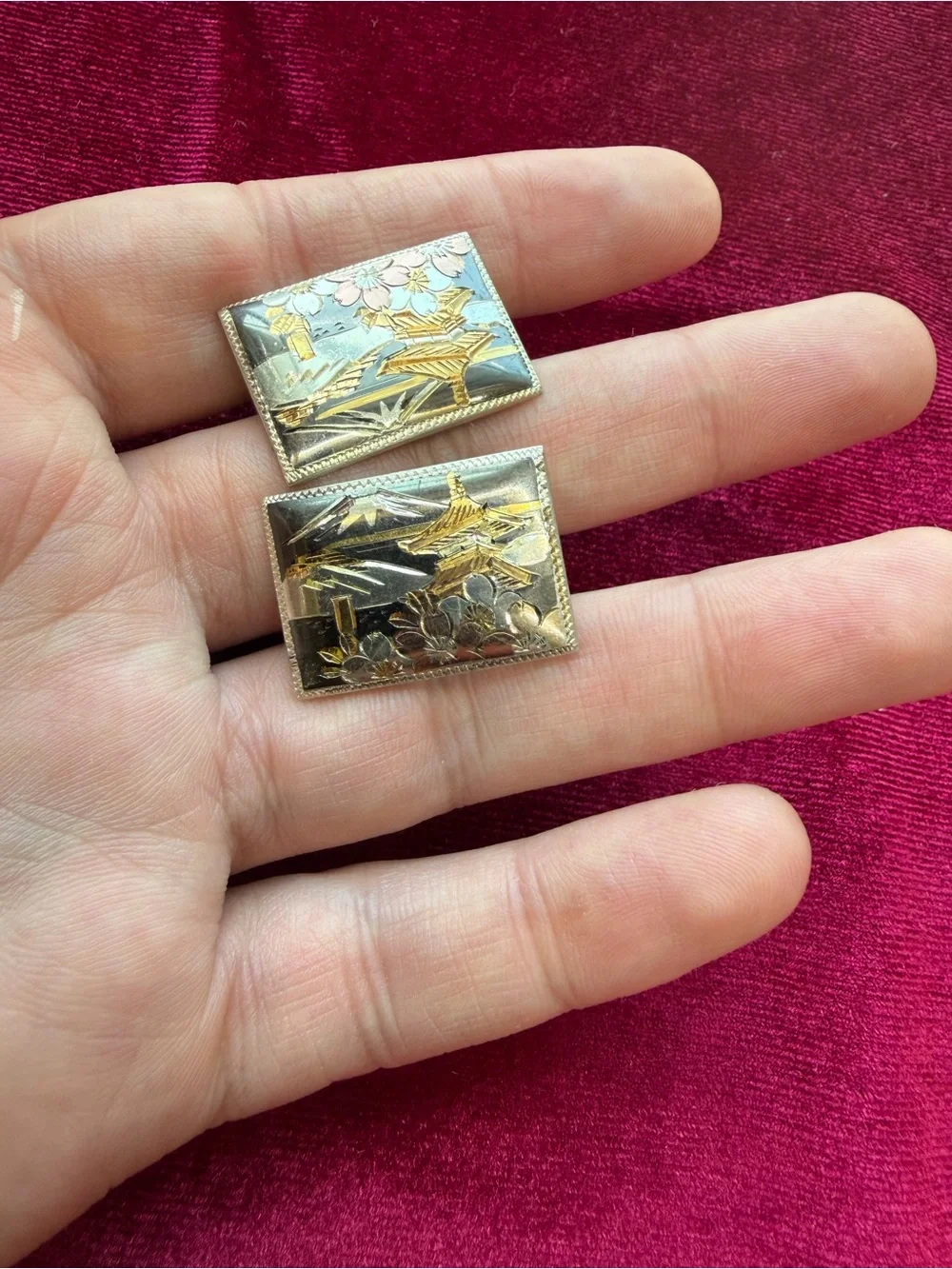Vintage Damascene Sterling Silver and 14k Gold Inlay Cufflinks